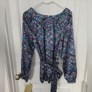 NWT Parkside QVC Womens S Satin Abstract Multicolor Blouse Long Sleeve Belted